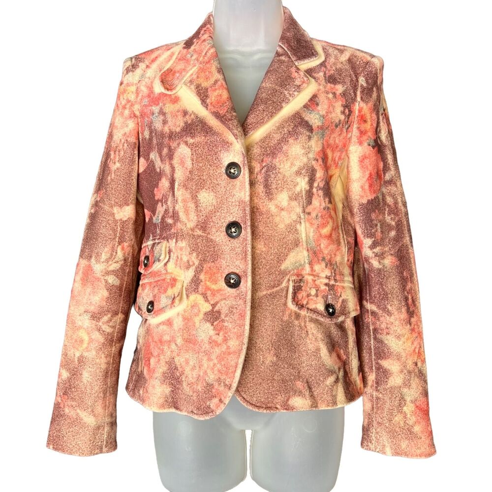 Blue Les Copains Size 8 Cashmere Wool Blend Felt Blazer Photo Print Jacket EU42